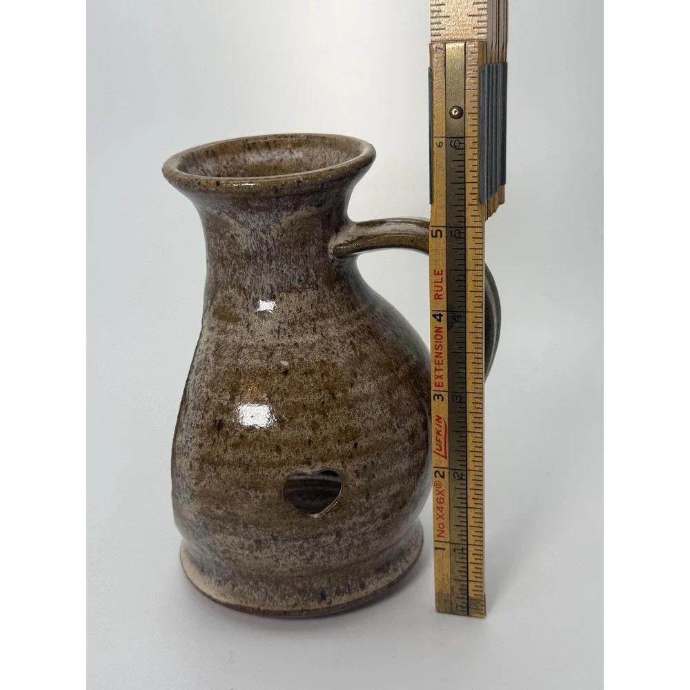 Vintage Hand made rustic stoneware candle holder earthy colors heart notches